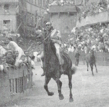 Ciancone alza il nerbo. E' OCA. Dietro si vede il cavallo scosso della TORRE ed il fantino a piedi.